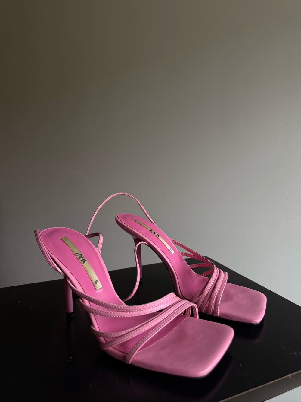 Zara Pink Strappy Square-Toe Stiletto Sandals